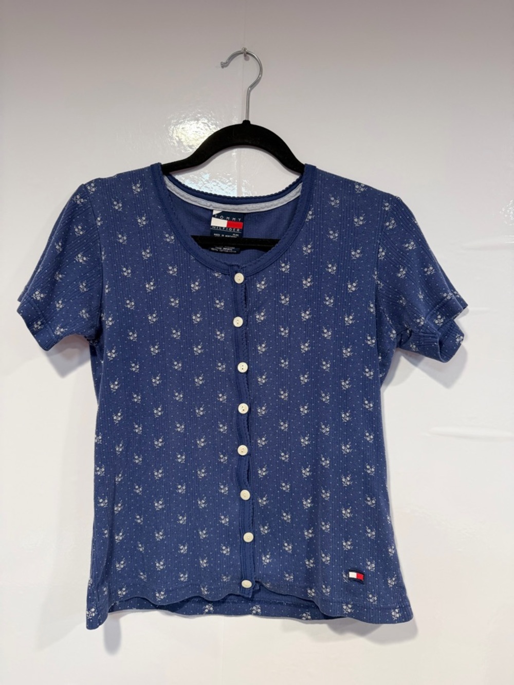 Tommy Hilfiger Vintage Floral Button Down Shirt Short Sleeve Purple White Med